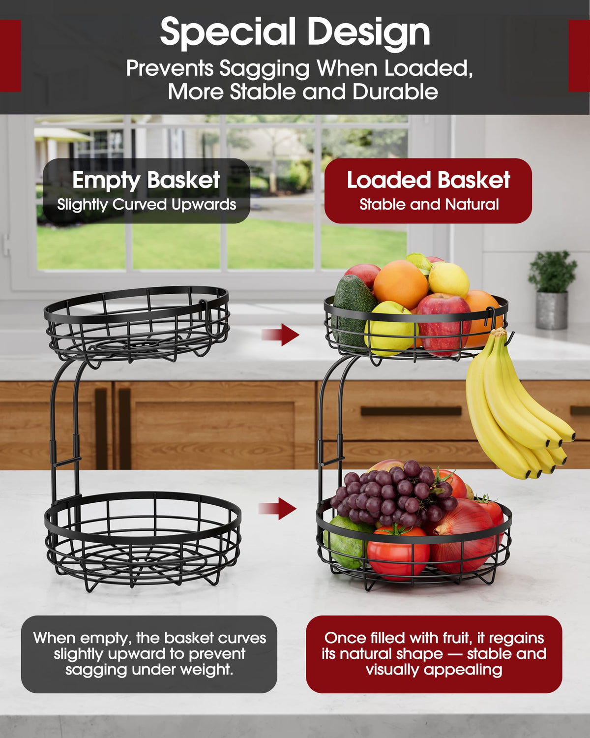 Sakugi Fruit Basket for Kitchen Counter - 2-Tier Large Capacity Fruit Bowl with Detachable Banana Hanger, Rust-Proof Metal Fruit Holder for Vegetables, Bread, Toiletry,10" D x 10" W x 14" H, Black