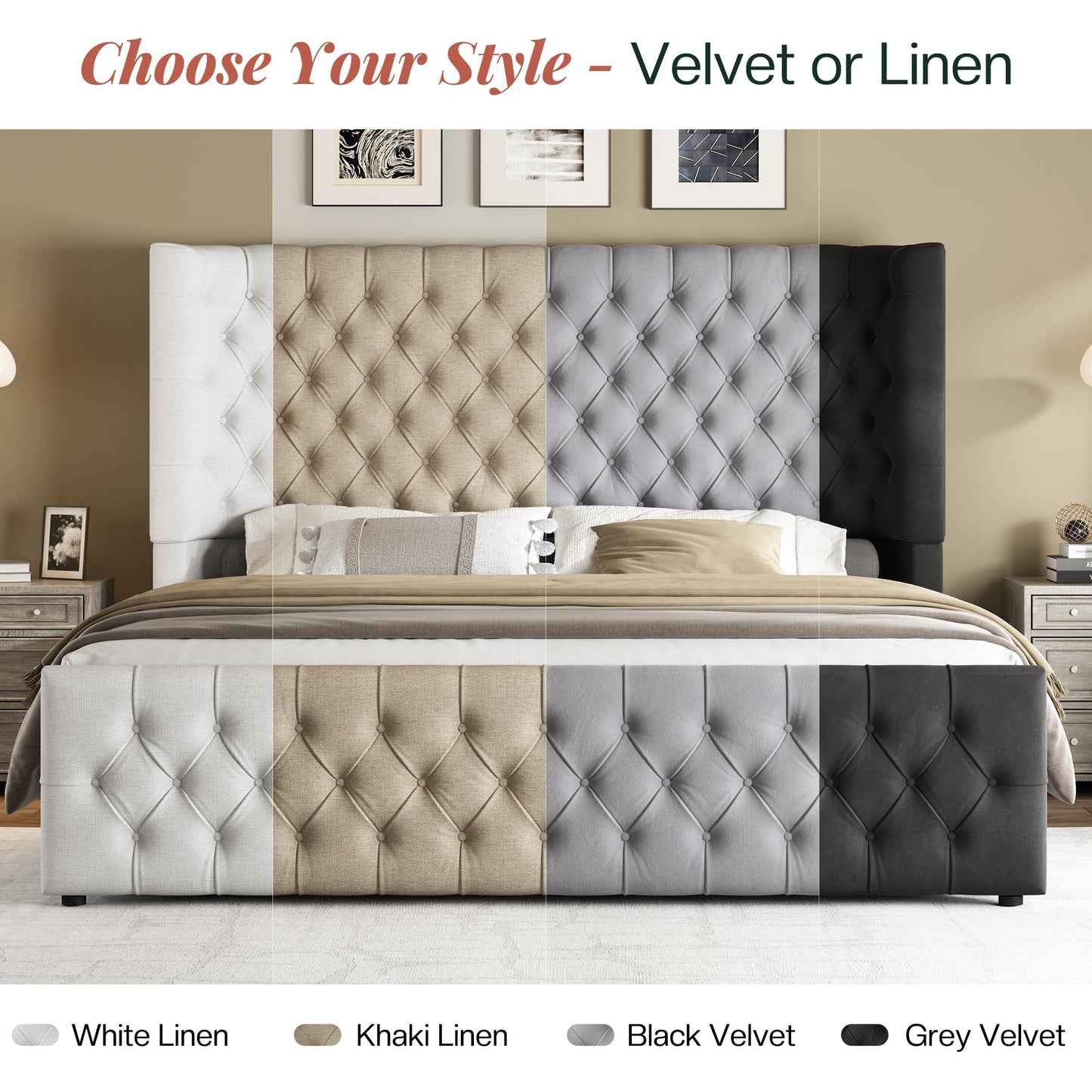 Jocisland King Size Platform Bed Frame, 6.3” Thick Upholstered Curved Wingback Headboard and Footboard with Deep Button Tufted, Easy Assembly, No Box Spring Needed, Khaki Linen