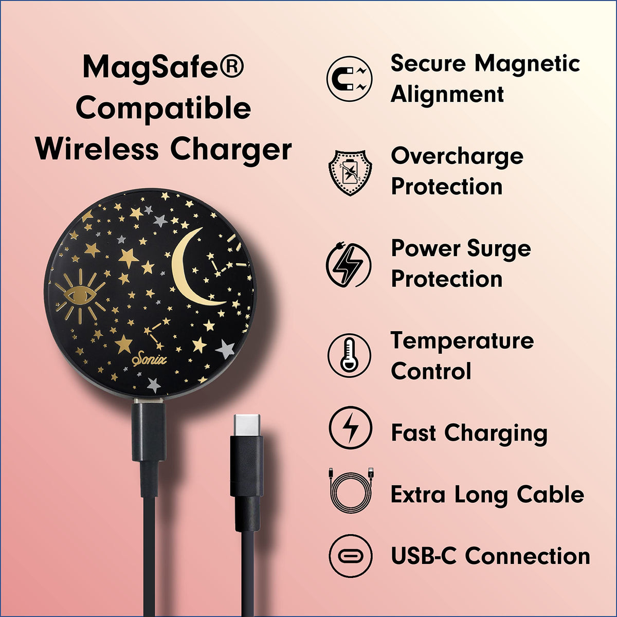 Sonix Charger Compatible with MagSafe for iPhone 15, 14, 13, 12 Series | Fast Wireless Charger x 6.5ft Cable (USB-C) | Cosmic Stars, Black