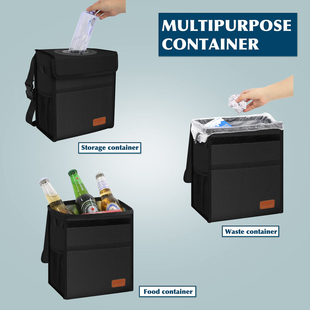 Femuar Leak Proof Car Trash Can with Lid - Waterproof Automotive Garbage Bin for SUVs, Collapsible and Portable Car Trash Bag, Black