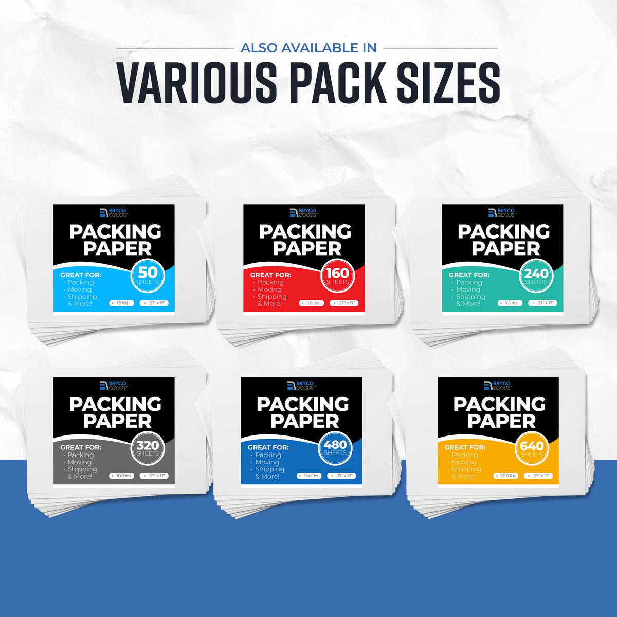 Bryco Goods Packing Paper Sheets for Moving | 640 Sheets | 27" x 17" | 20lb | Made in USA | Newsprint Paper | Must Have in Your Moving Supplies