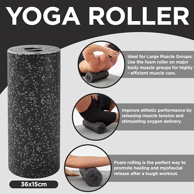 5 in 1 Foam Roller Set with Peanut Massage Ball, Curved Muscle Brush - Yoga Roller, Massage Ball, Trigger Point Triangle for Deep Tissue Relief (Black Gray)