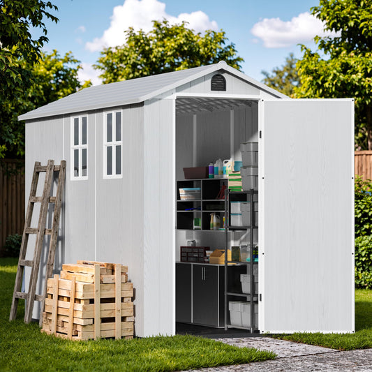 Devoko 4×8 FT Resin Storage Shed with Floor, Garden Plastic Outdoor Shed with Window and Lockable Door, Waterproof Outside Tool shed for Backyard Patio, Light Grey