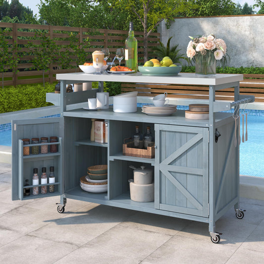 Trygoal Outdoor Grill Cart with Storage, Rolling Bar Cart and Lockable Wheels, Farmhouse Solid Wood Outdoor Grill Table with Stainless Steel Top, Spice Rack, Towel Rack for Kitchen and BBQ, Grey Blue