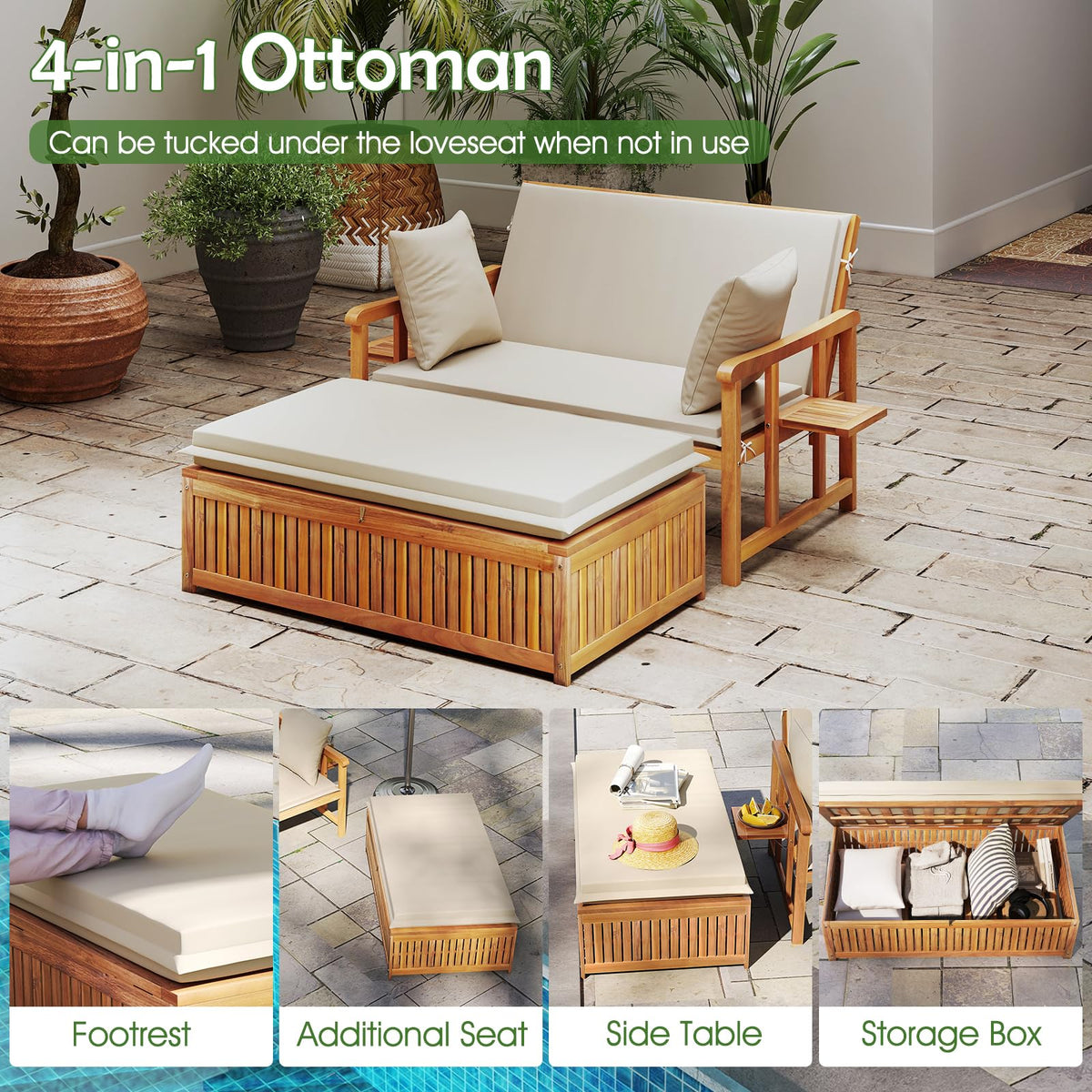 LDAILY Moccha Acacia Wood Outdoor Daybed - Wooden Loveseat Sofa with 4-Level Backrest, Storage Ottoman, Cushions, Outside Sunbed, Double Bed Lounger for Backyard Porch Pool Patio Furniture Set