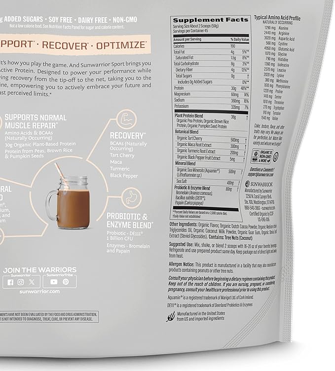 Sunwarrior Organic Plant Based Protein Powder | Vegan Organic Protein Powder with BCAA Amino Acids Plus Recovery Minerals & Botanicals | Non-GMO Soy Dairy & Gluten Free (Chocolate, 45 Servings)