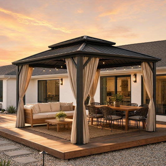 HOTEEL 10x12 Hardtop Gazebo on Clearance with Galvanized Steel Double Roof, Heavy Duty Gazebo with Flame-Retardant Curtain & Netting,Aluminum Frame Outdoor Canopy for Patio, Party, Brown