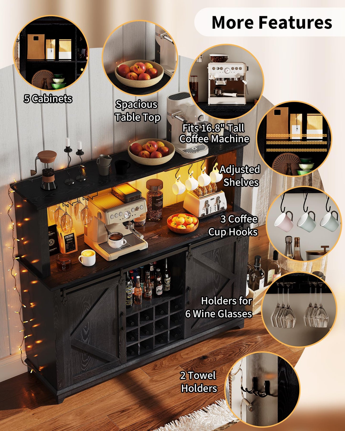 Hetoy Farmhouse Coffee Bar Cabinet 55" Tall with Sliding Barn Door, LED Light, Power Outlet – Storage Drawers, 12-Bottle Wine Rack, Ideal Coffee Hutch for Dining Room or Home Bar