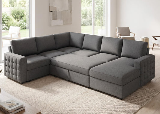 HONBAY Sectional Sleeper Sofa with Pull-Out Bed Storage Chaise, 6 Seaters Couch for Living Room, Light Grey