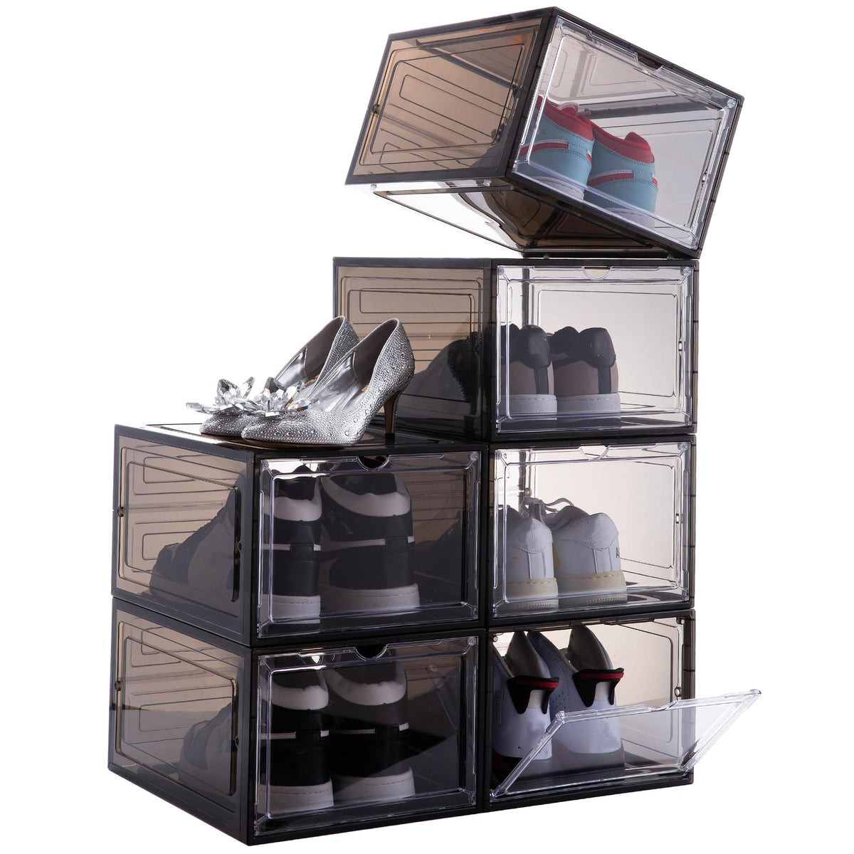 Attelite Shoe Box,Set of 6,Stackable Plastic Clear Shoe Box Organizer with Magnetic Door,Shoe Storage Box Thicken Sturdy,Easy Assembly,Fit up to US Size 12,Black