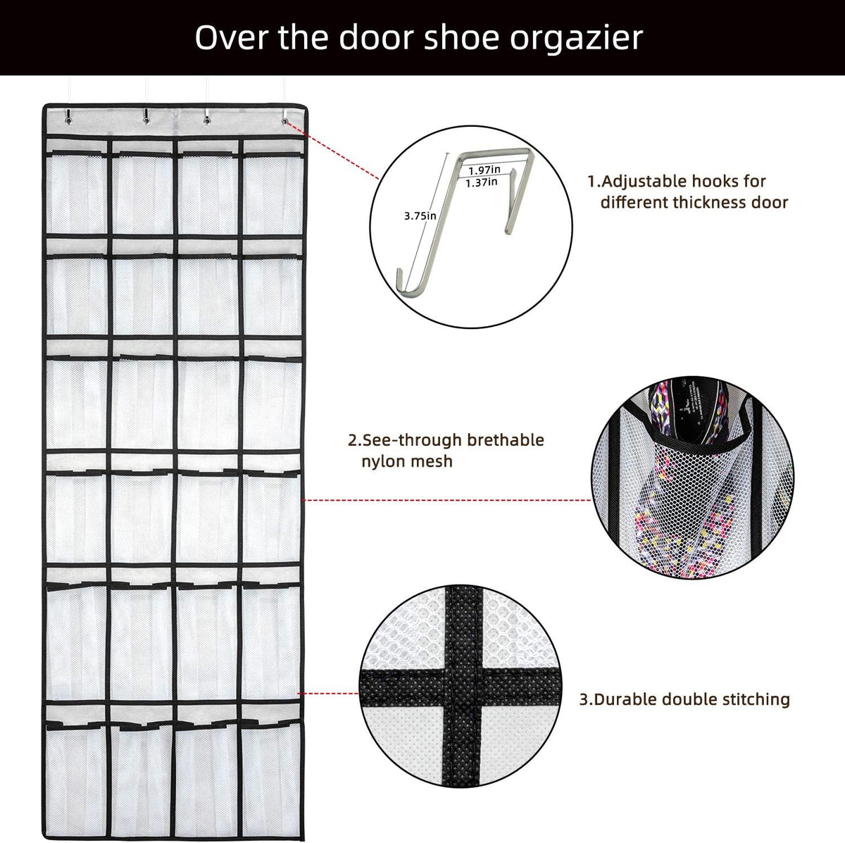 SAVERHO Over The Door Shoe Organizer - 24 Mesh Pockets for Efficient Storage | White Hanging Shoe Rack