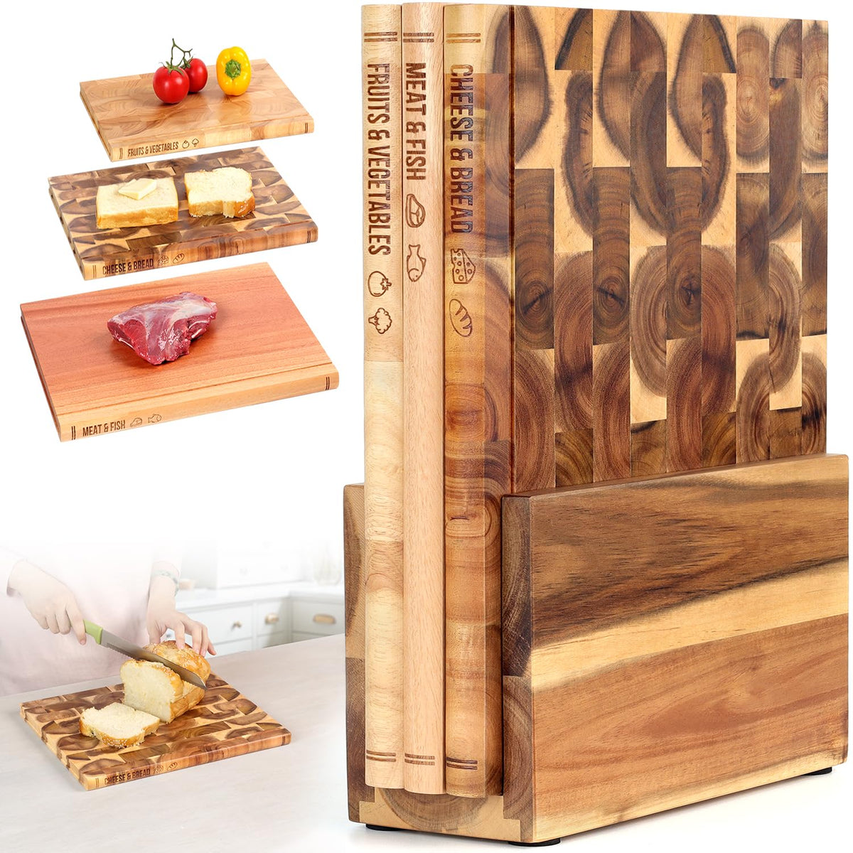 Book Cutting Board Set of 3 with Stand-The Cutting Board Library, Solid Wood Book-Shaped Boards for Serving & Display, Labeled Meat & Fish, Bread & Cheese, Fruits&Vegetables-Decorative Cutting Boards.