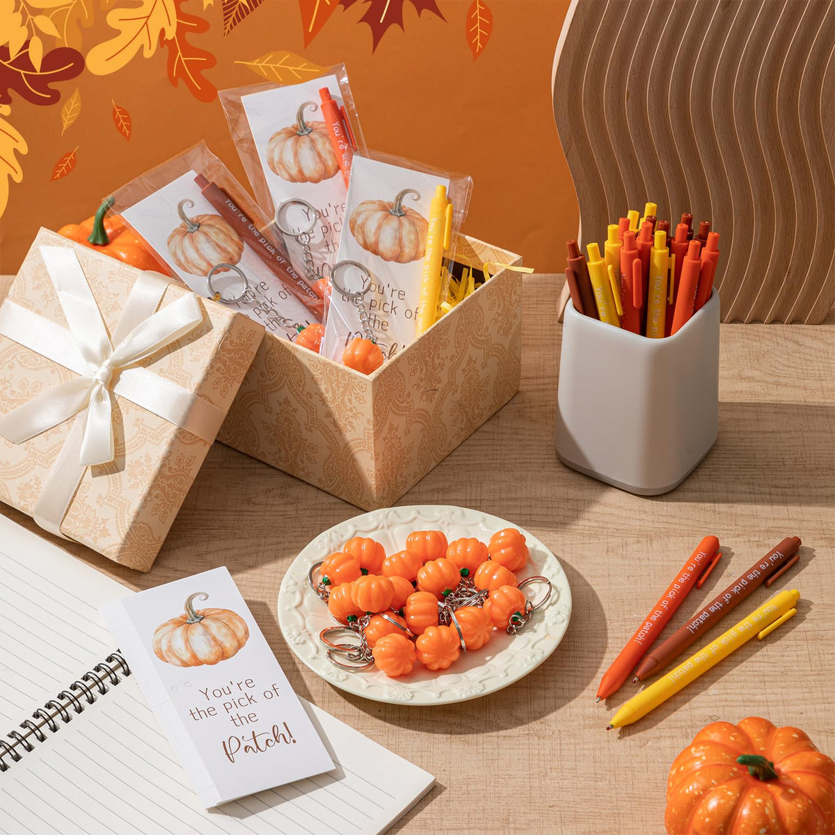 AmazingSpark 20 Sets Fall Thanksgiving Gifts Bulk Inspirational Ballpoint Pens Pumpkin Keychains You're The Pick of The Patch Gift Cards Fall Party Favors for Employee Coworker Teacher Appreciation