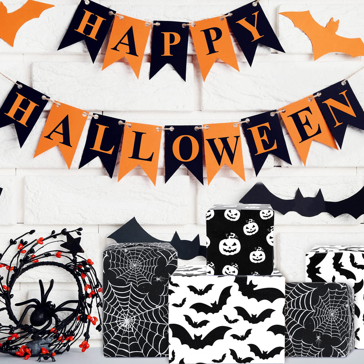 Whaline 120 Sheet Halloween Tissue Paper Black and White Wrap Tissue Paper with Cobweb Bat Pumpkin Pattern Gift Wrapping Paper for Fall Halloween Party Gift Packing DIY Craft, 13.8 x 19.7 Inch