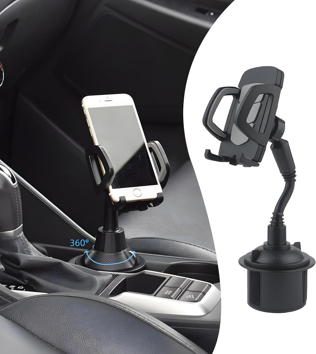 Bokexing 360 Car Cup Holder Phone Mount, Automotive Rotatable Adjustable Gooseneck Height Cell Phone Cradle Mount