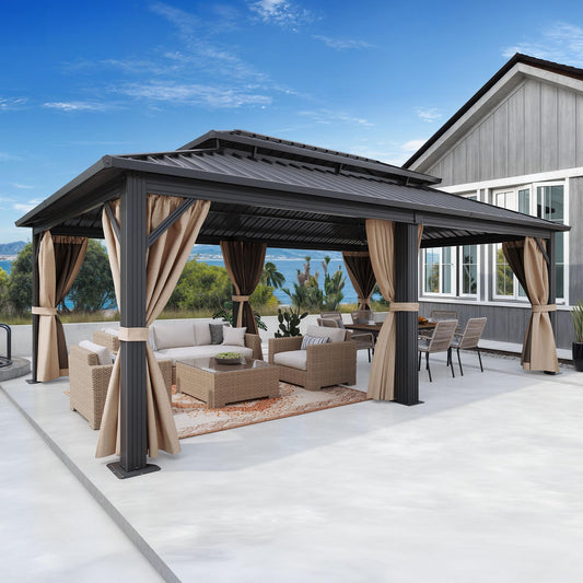 DWVO 20x12ft Aluminum Gazebo Hardtop Double Roof Canopy Outdoor Gazebo Galvanized Roof with Netting and Curtain Garden Tent for Patio, Backyard and Deck