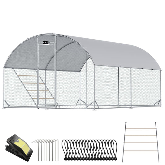 Chicken Coop Large Metal Chicken Run with Full-Top Waterproof Cover - Chicken House for 16/20 Chickens, Poultry Cage with Solar Light, Backside Poles, Walk-in Pen for Rabbits Ducks Yard 2 Room