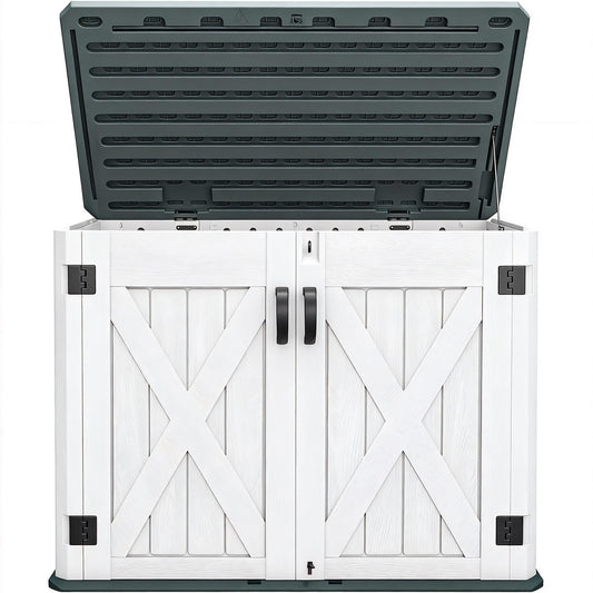 DWVO Outdoor Storage Shed, Weatherproof Resin, 35 Cu Ft Capacity, Horizontal Design, X-Shaped Lockable Door, Suitable for Bike, Garden Tools, Trash Cans, Light Gray