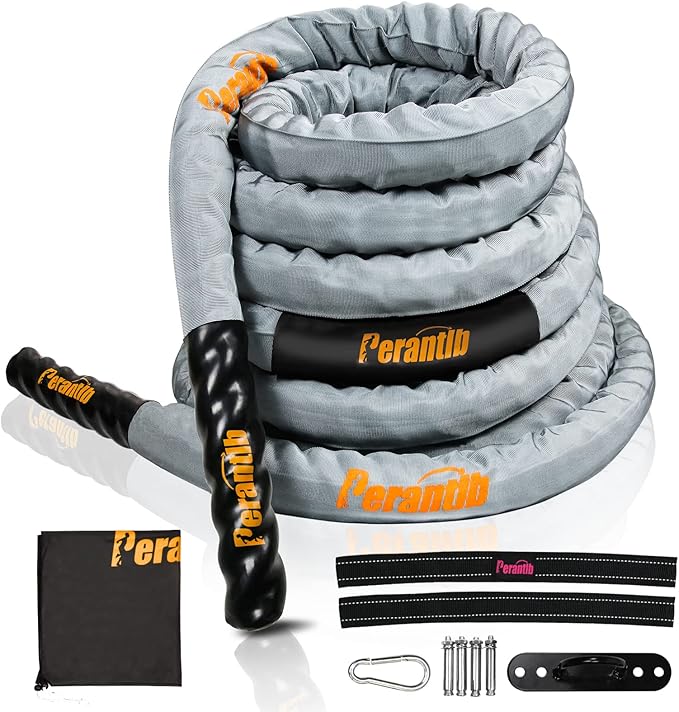 Perantlb Poly Battle Rope with Cloth Sleeve -1.25/1.5/2 Inch Diameter 30' 40' 50' Lengths -Gym Muscle Toning Metabolic Workout Fitness, Battle Ropes for Home Gym