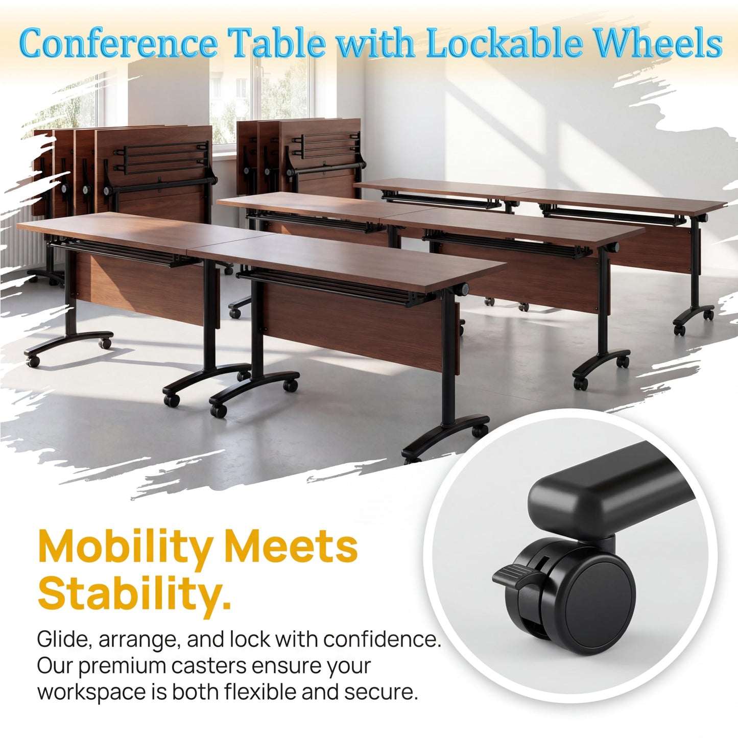 JNMDLAKO Modular Folding Conference Table with Locking Wheels, 10 Pack Flip Top Mobile Training Table, Modern Meeting Seminar Tables for Office, Hotel Conference Room(10,Walnut,55" L x 21" W x 29" H)