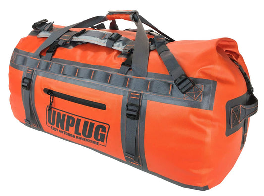 UNPLUG Ultimate Adventure | 1680D Heavy Duty Waterproof Bag | Large Travel Bag which can be Used for Camping, Motorcycling, Boating, or Hunting|155L Adventure Orange