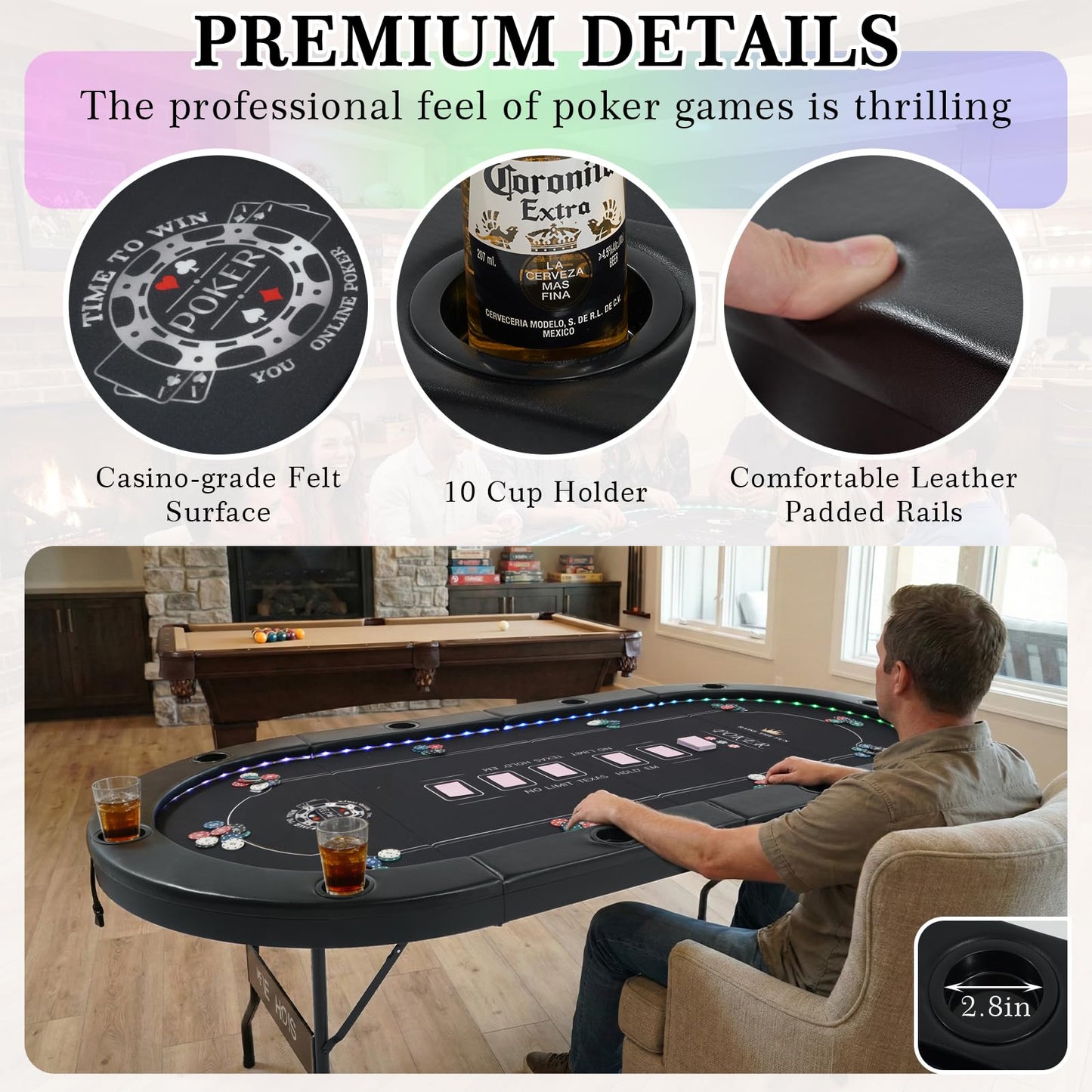 REAHOISY LED Poker Table for 10 Players, 84" Oval Foldable Texas Holdem Casino Table with Tri-Color LED Lights, Board Game Table for Home Game Room with 10 Cup Holders and Padded Armrests