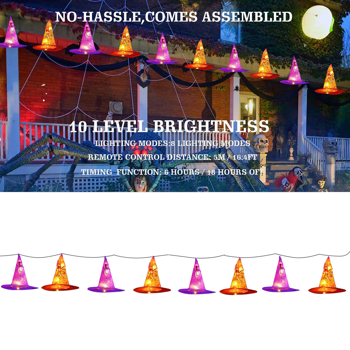 Dazzle Bright 8 Pcs Hanging Witch Hat String Lights, Light Up Waterproof Halloween Decorations with Remote Control for Outdoor Garden Party Carnival Supplies Decor