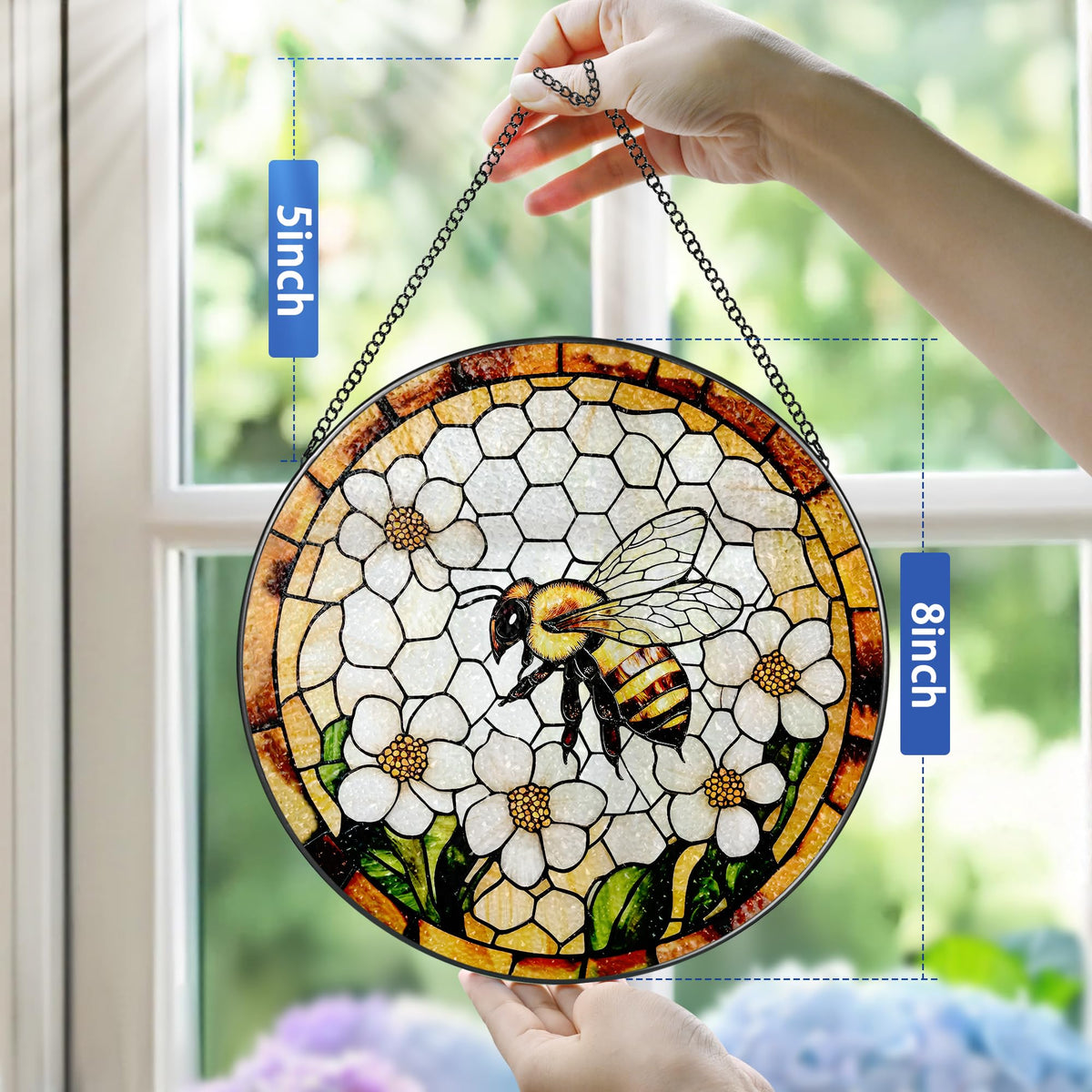 Bee Wildflowers Stained Glass Suncatcher, Stained Glass Window Hanging, 8 Inch Honey Bee Suncatcher, Honeybee Gifts for Garden Lovers, Gifts for Mother's Day, Teacher Gift, Grandma Gift