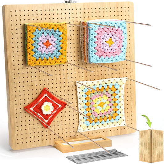 Aulin 15.5"" x 15.5"" Foldable Crochet Blocking Board with Pegs | 35 Stainless Steel Rod Pins - Upgrade Large Blocking Boards for Crochet Projects, Gifts for Crocheters, Mothers, Grandmothers