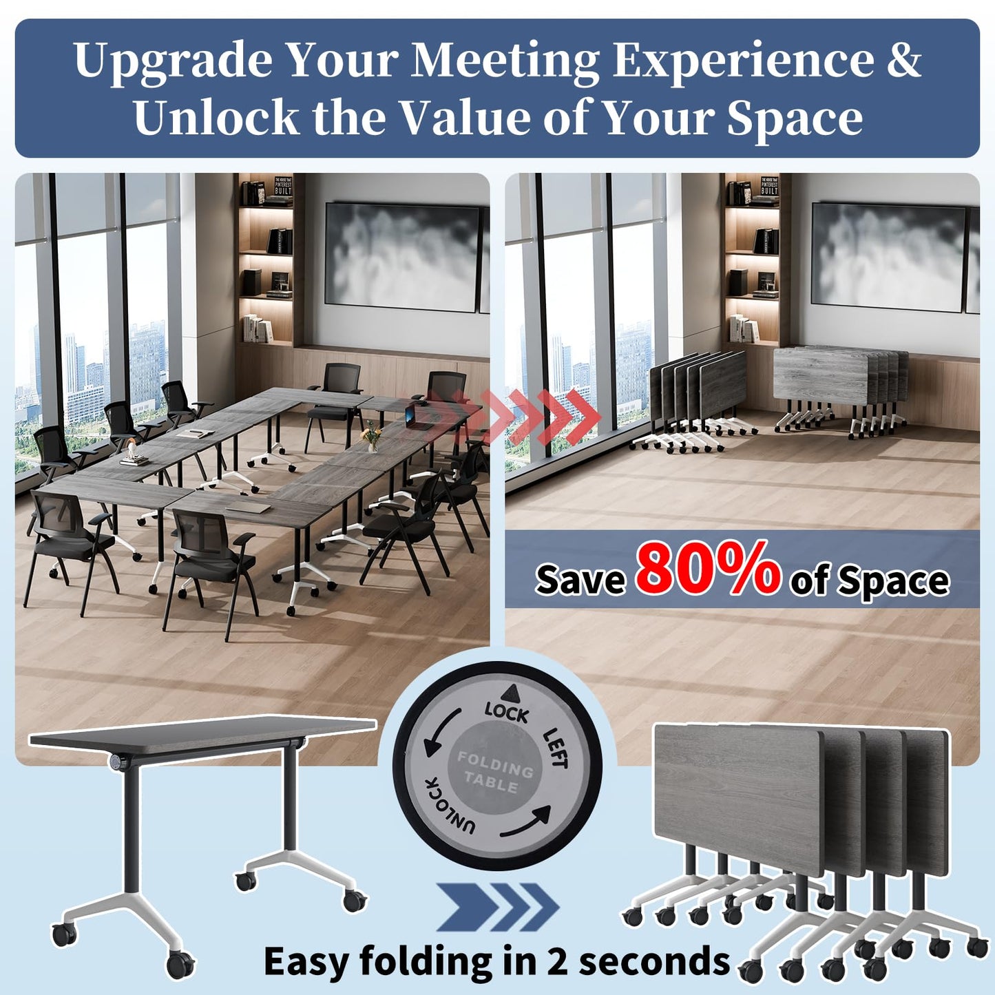 Modular Folding Conference Table with Wheels,8 Pack Mobile Conference Room Tables,Filp Top Rolling Meeting Training Tables for Office,Classroom,Library,Seminar,Boardroom,school(8pack,Grey,71in)
