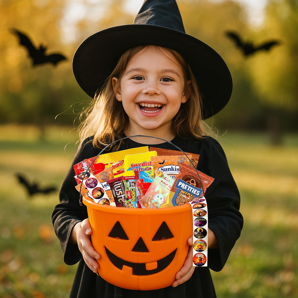 Halloween Assorted Pumpkin Bucket (44 Count) Filled with Candies, Snacks, Cookies and more, Treats for Family, Friends, Kids, Boys and Girls