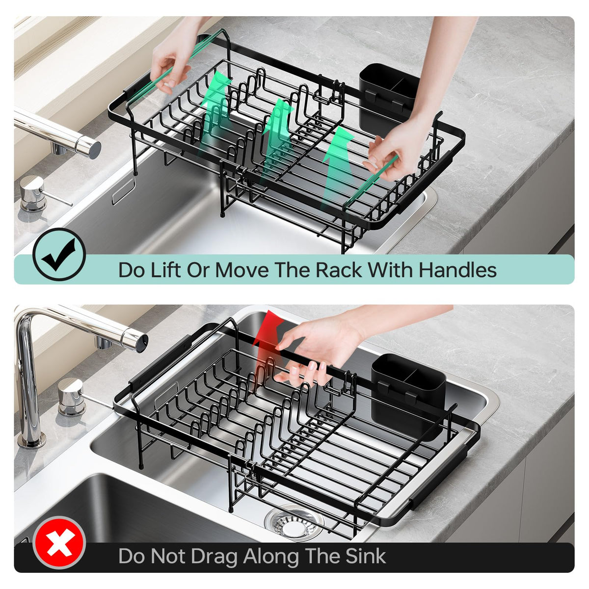 Urackify Dish Drying Rack in Sink - Expandable (14.5''-18''L) Over The Sink Dish Rack with Utensil Holder, Space-Saving Dish Drainer for Kitchen Counter, 1 Piece, Matte Black