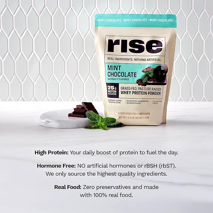 Rise Grass-Fed Whey Protein Powder - Mint Chocolate | 25g Protein No Artificial Flavors, Colors, or Preservatives - Sugar Free, Gluten-Free, Soy Free (Single Serving, 1 Pack)