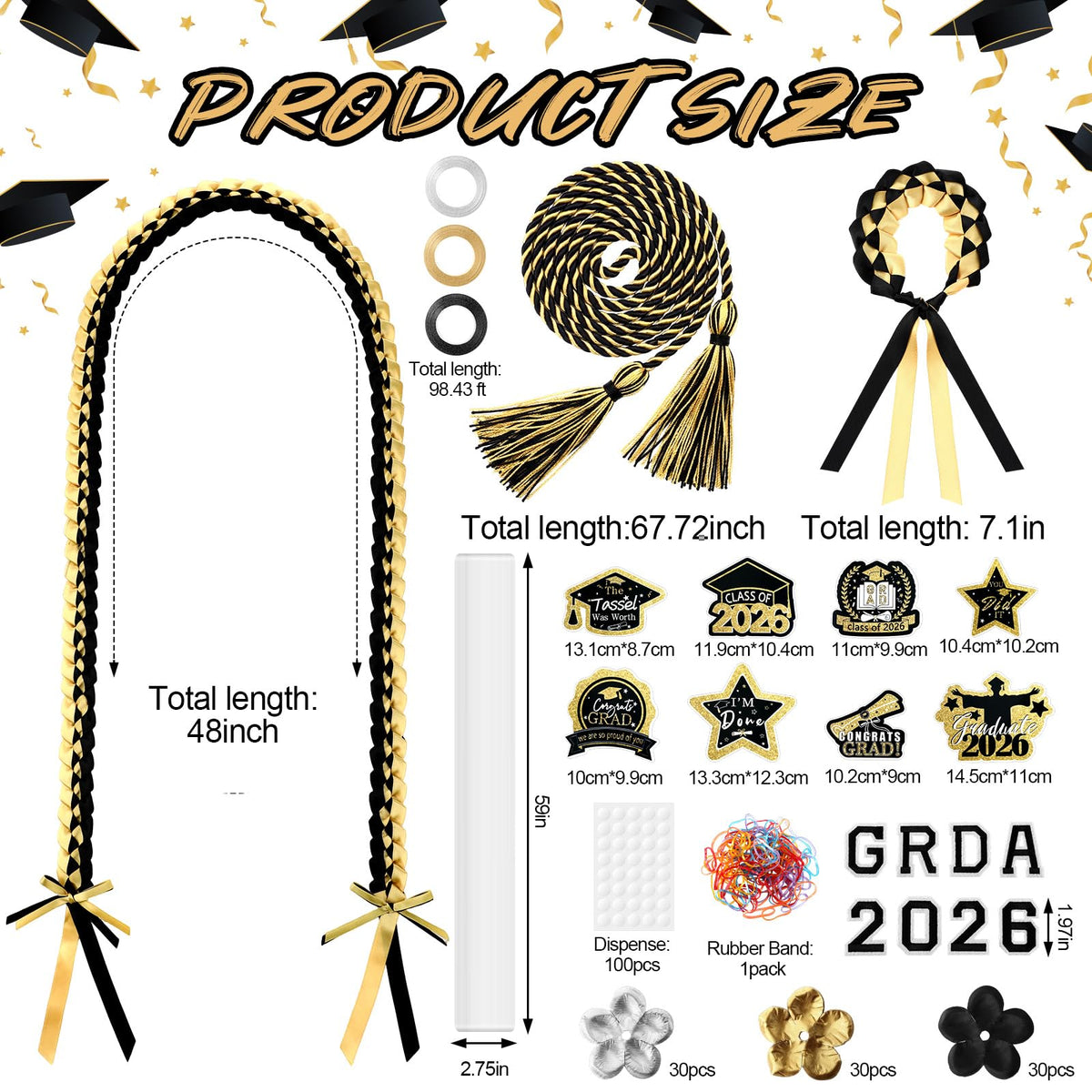 Graduation Candy Lei Making Kit Class of 2026 DIY Lei PE Bags Tubing Money Leis 2026 Graduation Ribbon Necklace Include 2 x 5 ft PE Bags 90 Pcs Flower Accessories for Grad Party Supplies (Gold, Black)