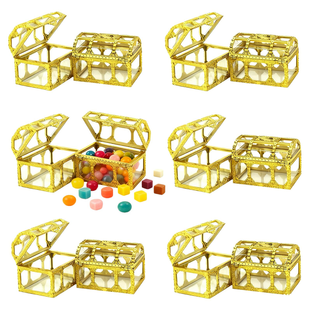 HAN SHENG 12 Pack Plastic Treasure Chest Candy Boxes - 2.9"x2.0" Transparent Empty Gift Favor Boxes for Wedding, Christmas, Birthday Party (Gold)
