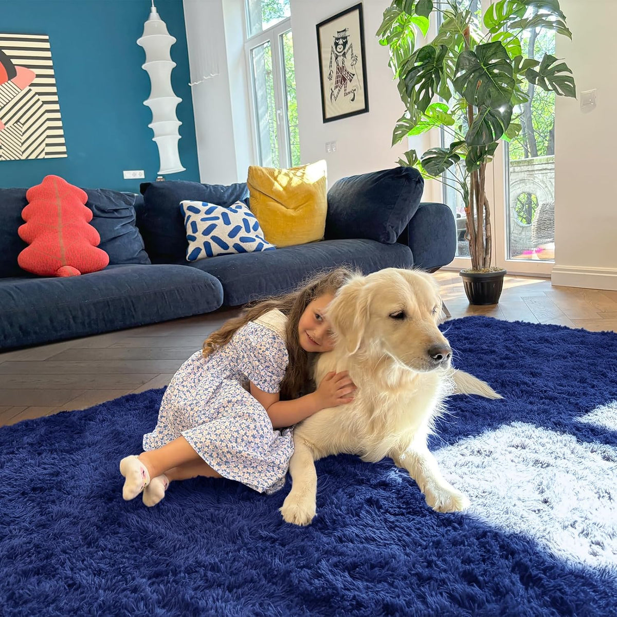OLANLY Soft Fluffy Shaggy Small Rug - Machine Washable Indoor Carpet for Bedroom & Nursery | Navy Blue