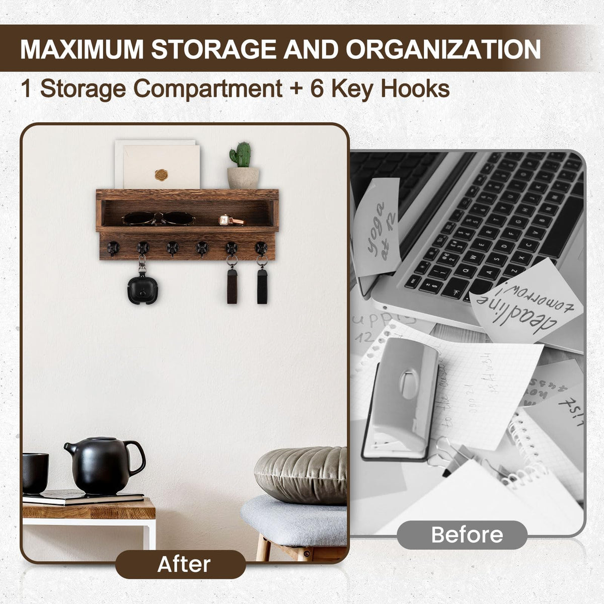 Lucundm Key and Mail Holder Wall Mount, Key Hanger with Long Storage Box and 6 Hooks for Coat, Dog Leash, Home Decor Rack, House Accessories, Entry Way Organizer (Brown)