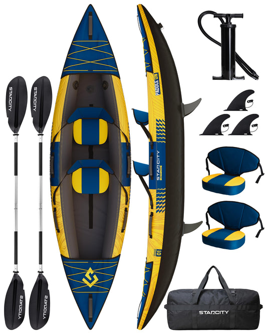 Starcity Kayak Inflatable Tandem Wide Stable Touring Fishing Design 600 Pound Capacity 12" 2"*36"*13" for Lake River Recreational Paddling Families Beginners W/Adjustable Seat Storage Compartment
