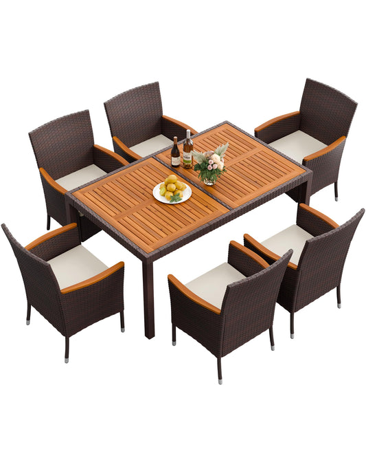 Flamaker 7 Piece Patio Dining Set Outdoor Acacia Wood Table and Chairs with Soft Cushions Wicker Patio Furniture for Deck, Backyard, Garden (Brown)