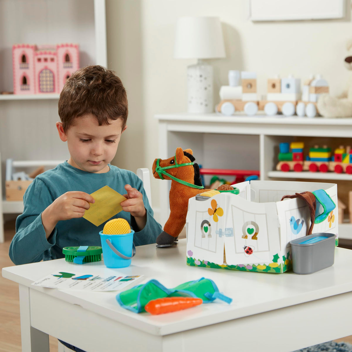 Melissa & Doug Feed & Groom Horse Care Play Set with Plush Stuffed Animal (23 pcs) Pretend Play Horse Plush Toys for Girls and Boys Toddlers Ages 1+