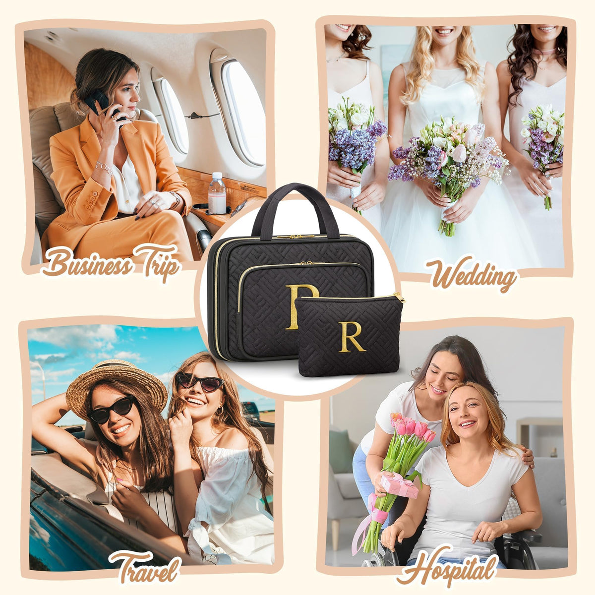 Personalized Gifts for Women, Initial Toiletry Bag Hanging Travel Organizer & Makeup Cosmetic Bag with Embroidery Letter Teacher Appreciation Gift Birthday Mothers Day Gifts for Mom Wife Friend Sister