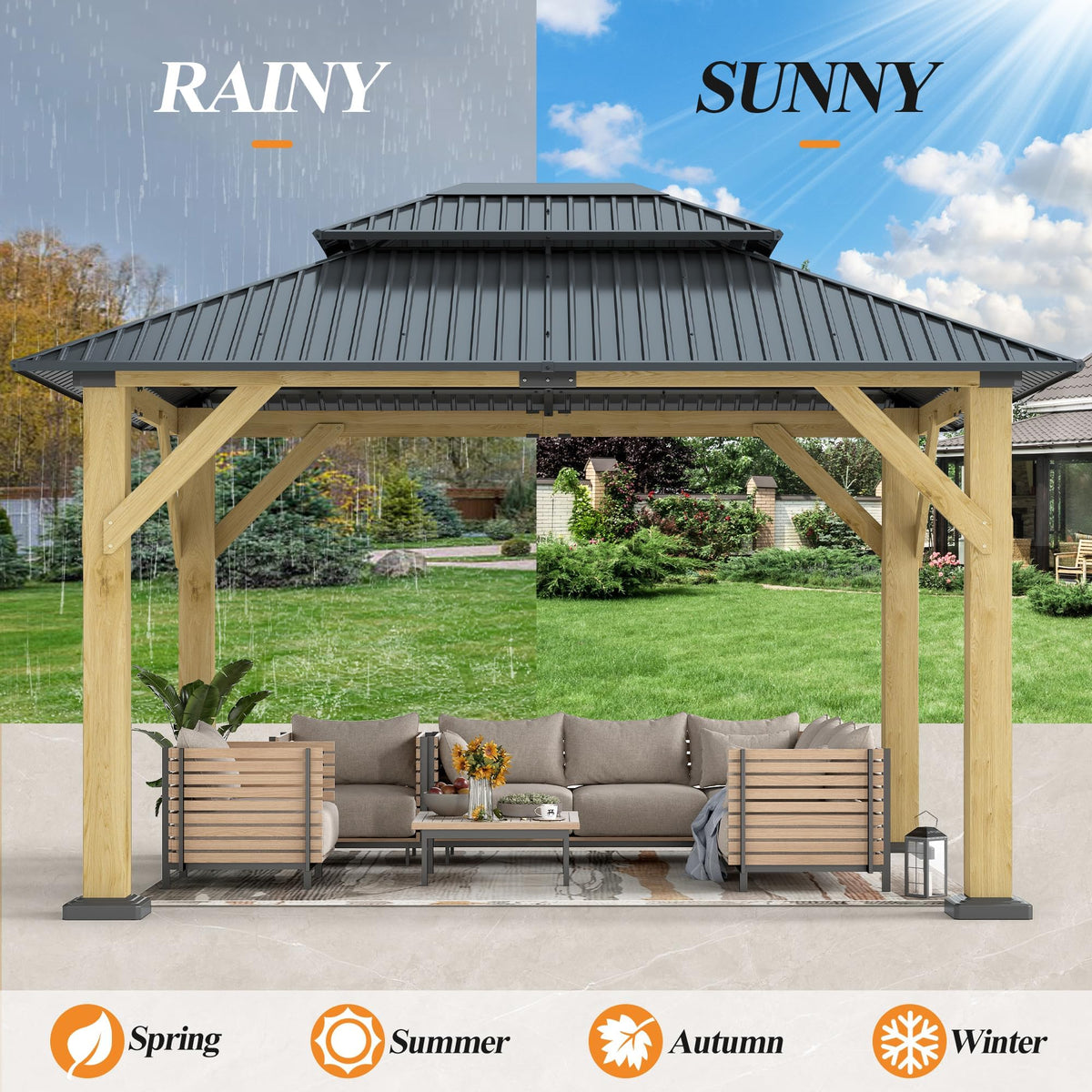 GARTOO 10' x 12' Outdoor Wooden Gazebo - Patio Hardtop Gazebo Permanent Wooden Pavilion with Galvanized Steel Double Roof, Wood Gazebos for Garden, Lawn, Poolside, Backyard Deck