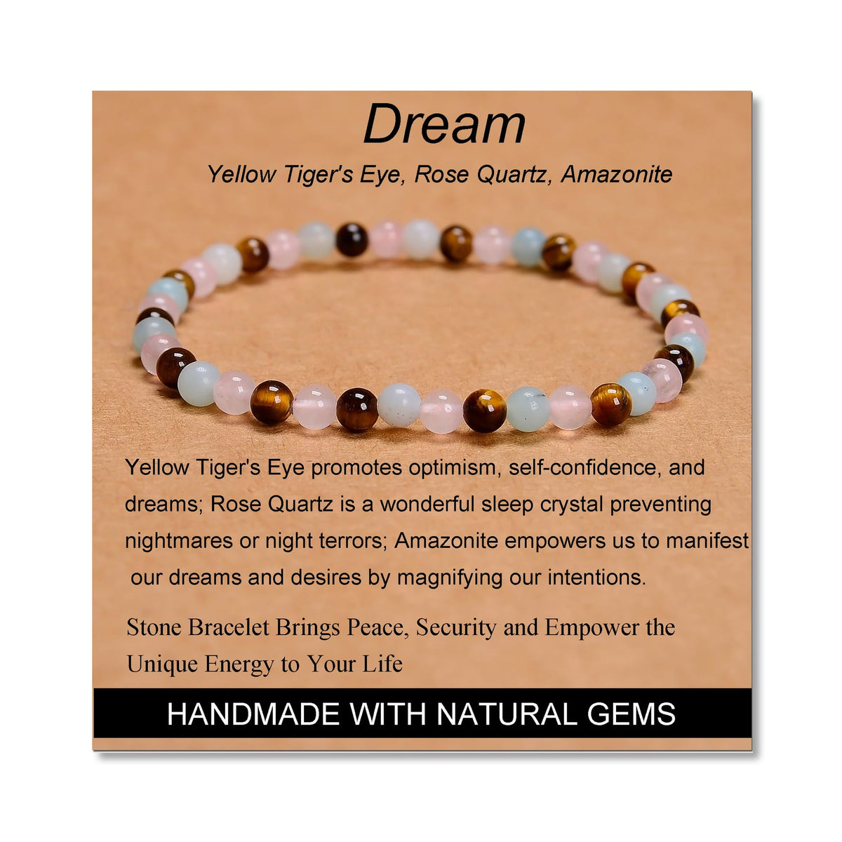 MASSIVE BEADS Yellow Tiger's Eye Rose Quartz Amazonite - Dream Handmade Handmade Yoga Stretch Elastic Bracelet Natural Stone Crystal Healing Power Energy Gifts for Unisex Adult 4mm