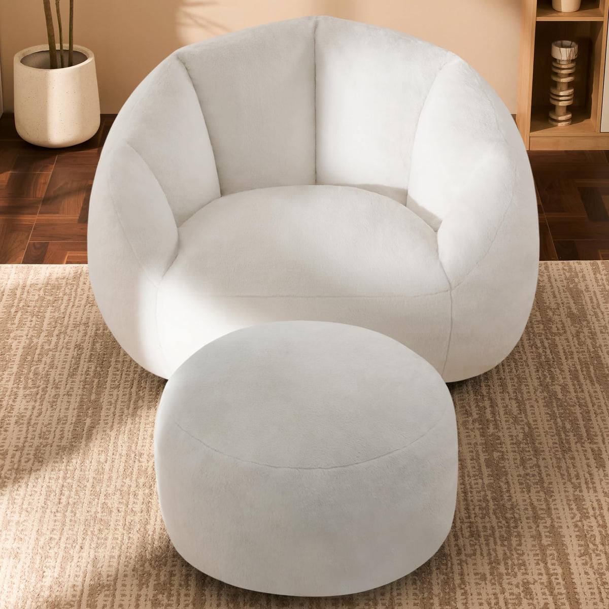 GRANDJOY Oversized Bean Bag Chair with Ottoman, Premium Foam Filling, Relaxing Lounger for Adults & Kids, Beige