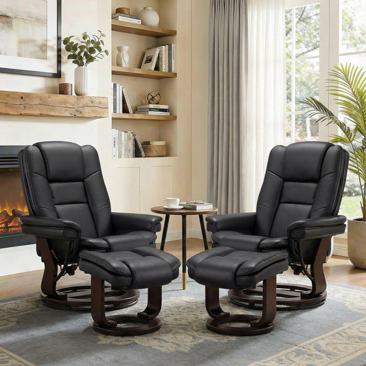 Argus Swivel Recliner with Ottoman, PU Leather & Wood Base Reclining Chair with Footrest, Ultra-Plush Double Foam for Living Room, Bedroom and Office, Set of 2