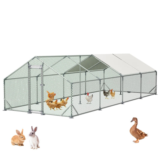Metal Chicken Coop 26×10×6.56FT,Chicken Run Pen with Spire Roof,Water-Proof and UV-Proof Cover,Secure Mesh Walk-in Hens Fence with Lockable Door,Poultry Cage for Small Animal Like Hens,Ducks,Rabbits