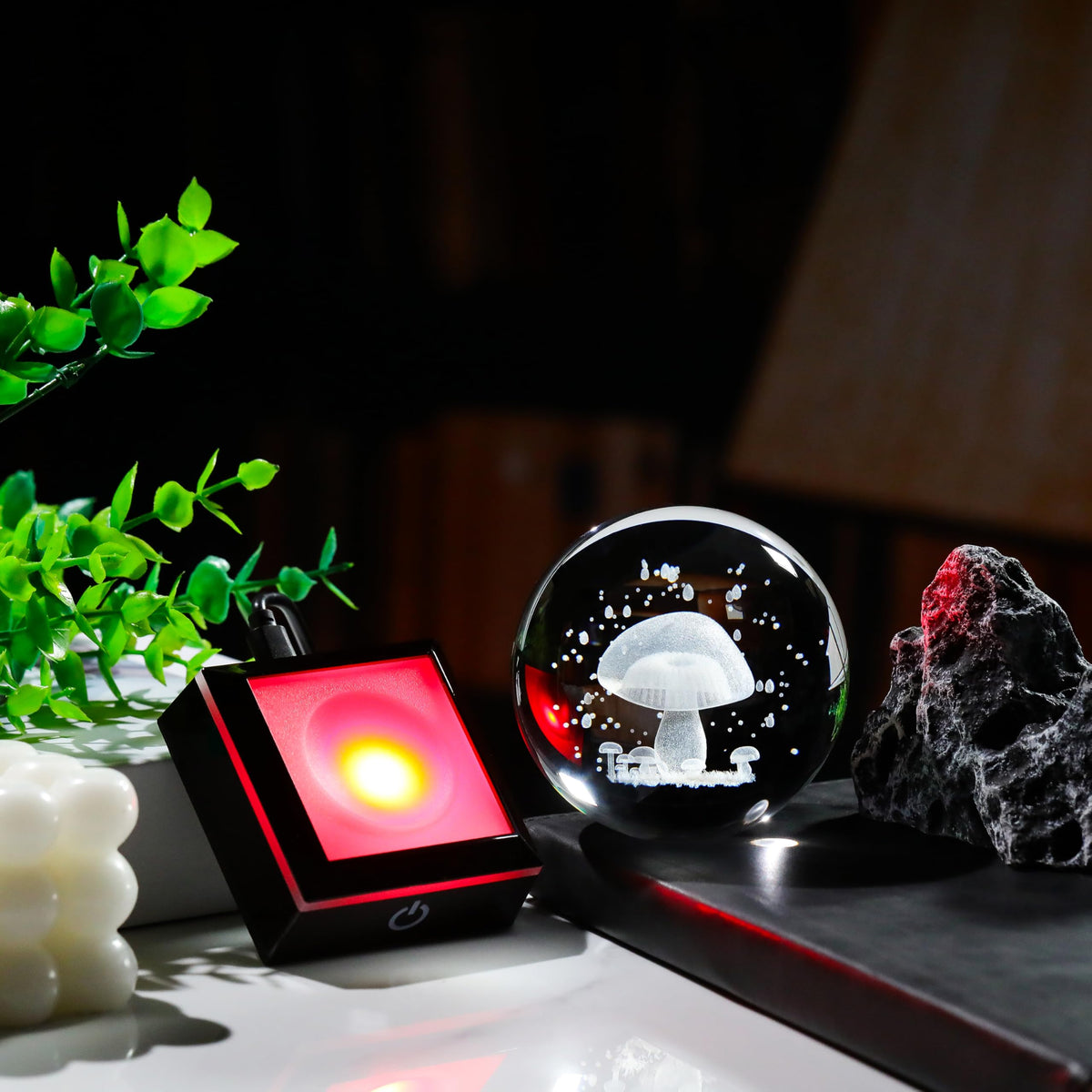 Qianwei 3D Crystal Ball Night Light - 3.14'' Mushroom Decor Glass Plants Lamp Figurines Statue for Room Decoration