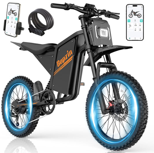 Bopzin Electric Dirt Bike for Adults, 2500W Motor 35MPH, 52V 25Ah Battery 80+ Miles Range, 20"x3" Fat Tires, App Control & Keyless Unlock, Full Suspension, Hydraulic Brakes, UL2849 Certified