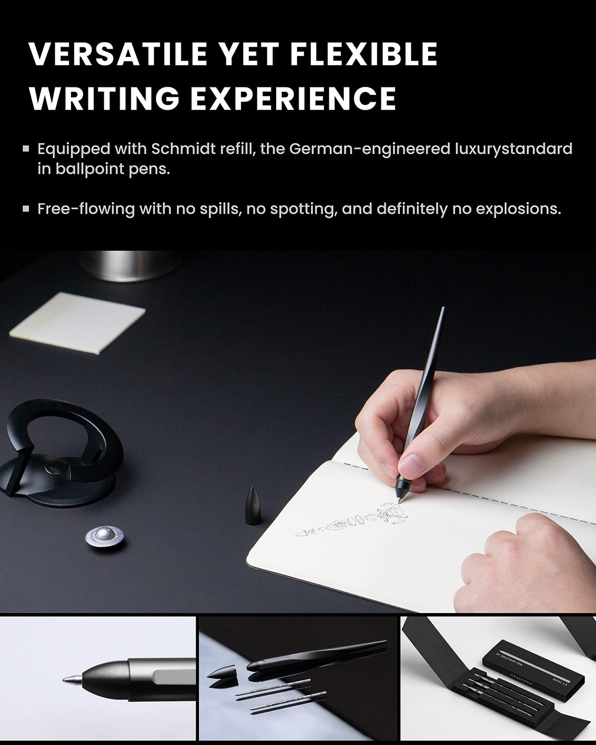 novium Hoverpen Interstellar - Space Black, Ballpoint Pen, Unique Conversational Starter, Premium Futuristic Design, Precision Flow Ink, Schmidt Ballpoint Cartridges