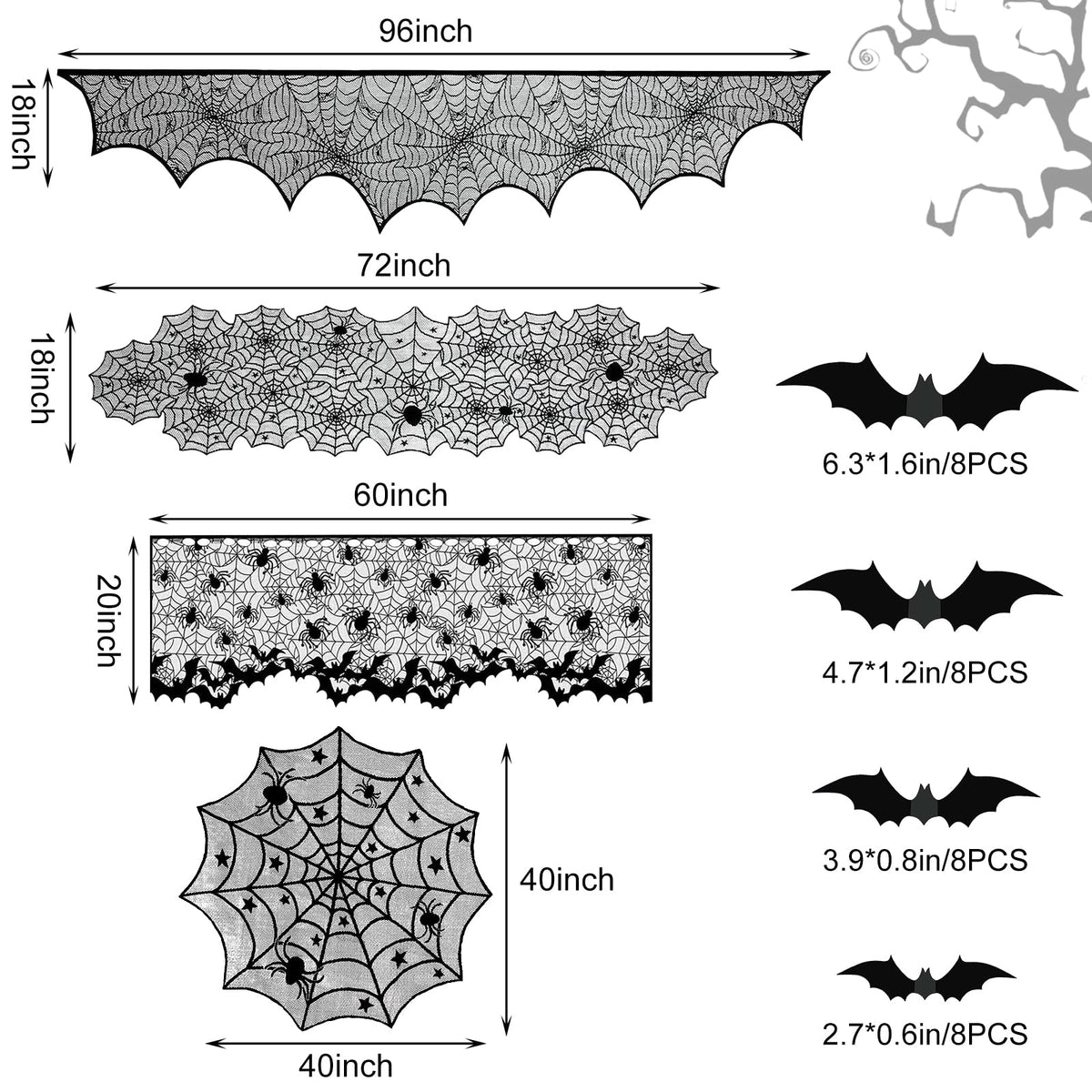 5Pack Halloween Decorations Indoor Halloween Spider Web Tablecloth Table Runners Fireplace Mantel Scarf Cobweb Lampshade Scary 3D Bats for Halloween Spooky Home Decor